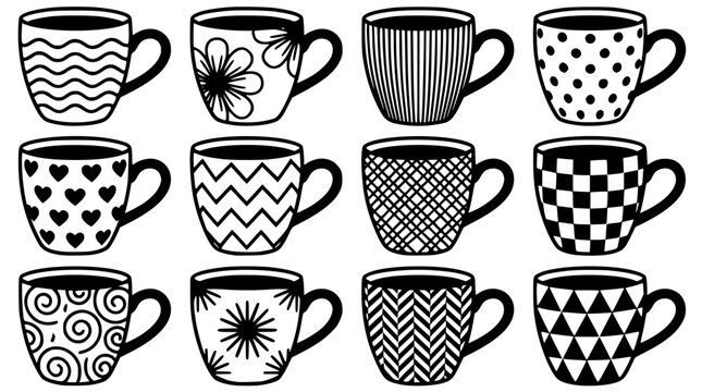 Collection of unique coffee mugs with various designs and patterns