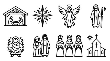 Naklejka premium Christmas nativity scene with angel and people icons