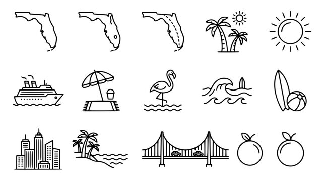 Florida travel and tourism icons in simple line art style