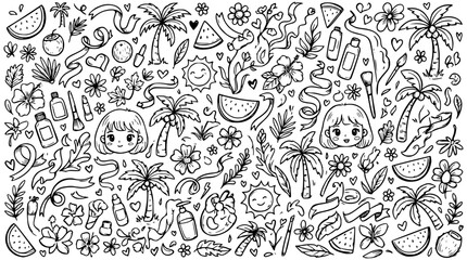Fototapeta premium Summer vacation themed illustration with palm trees and girl faces