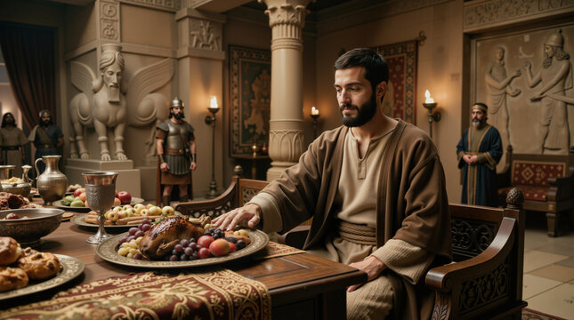 Daniel refusing royal food in the Babylonian palace. Biblical scene of faith and integrity. Historical religious illustration