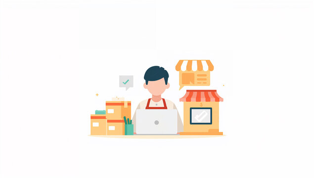 白背景で小規模ショップのオンライン販売を表す人物イラスト