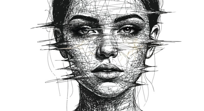 Stylized sketch portrait of a woman with a distorted face and scribbled lines across her cheeks and forehead on a white background