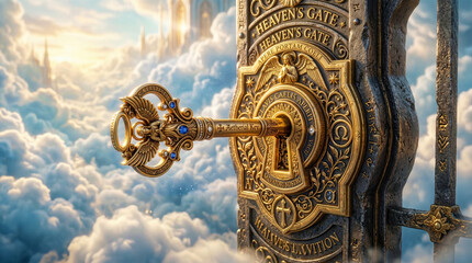 Obraz premium Ornate golden key in the lock of the celestial Gate of Heaven.