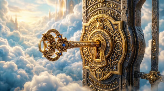 Ornate golden key in the lock of the celestial Gate of Heaven.