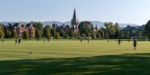 Obraz premium Outdoor Soccer Game on University Campus: Youth Sports, Exercise, and Teamwork in a Sunny Scenic Park