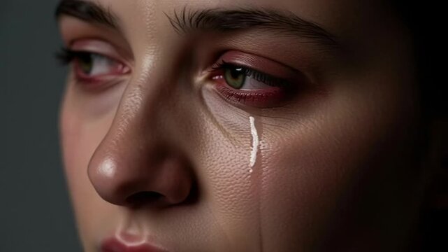 Close-up on Woman's Face Crying, Tear Rolling Down Cheek, Emotional Sadness