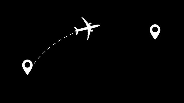 Animation plane moving between location pins on parabolic dotted line over alpha channel transparent background. The white plane hovered on the dotted line. 