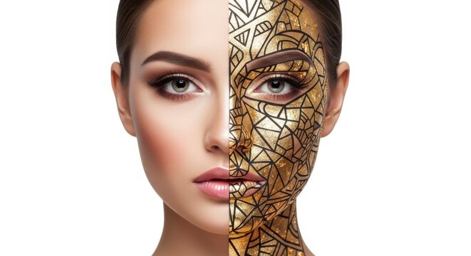 Close-up portrait of woman with half face covered in intricate gold lace design