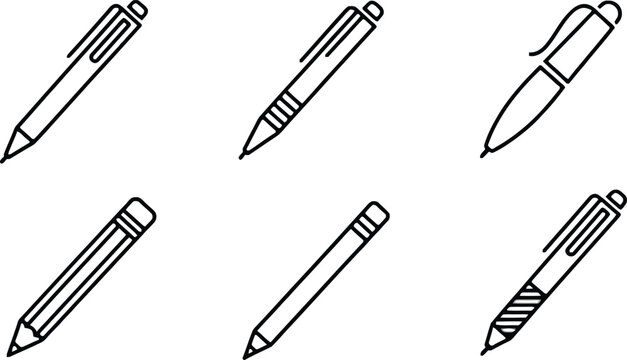 Stationery collection pens and pencils line art illustration