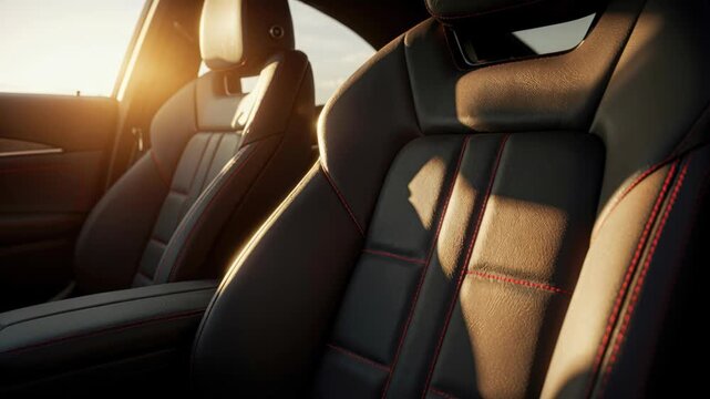 Luxury Leather Car Seats: Soft natural light drapes across the premium leather seats in a luxury vehicle, emphasizing the high-quality stitching and sleek design. Evoking a sense of comfort, elegance.
