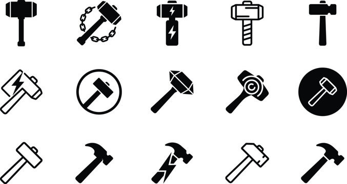 Hammer icon set with construction tool symbols and industrial equipment vector illustration collection