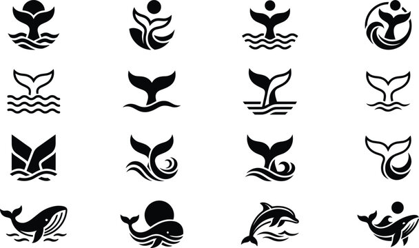 Marine wildlife and ocean conservation logo icon set with whale dolphin tail vector collection