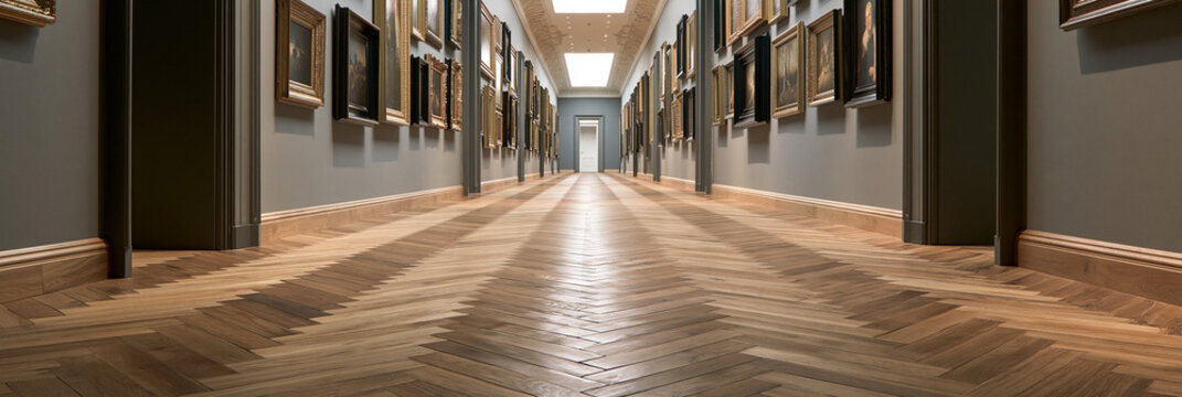 Art Gallery Hallway: Explore Historical Paintings and Modern Art in a Cultural Space with Elegant Interior Design and Lighting