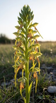 Wild Green Orchid Plant Blooming in Natural Sunlight.