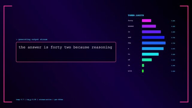 Visualizing the LLM Thinking Process, this digital interface dynamically displays real-time text generation. Highlights predictive token logits with colorful bar charts in a dark futuristic setting.