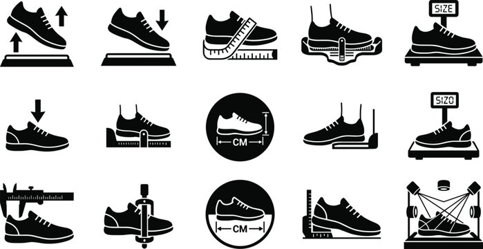 Shoe size measurement icon set with footwear fitting guide and sizing tools vector collection