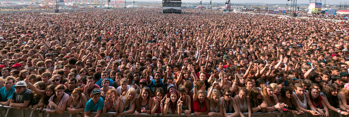 Obraz premium Vibrant Crowd Engaged at Outdoor Music Festival: A Celebration of Live Performance and Unity