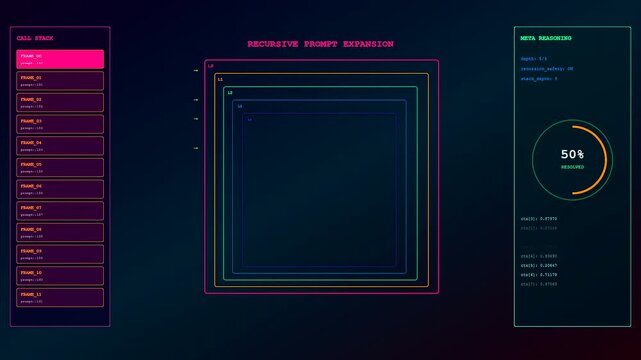 Complex LLM Thinking Process intricately visualized, showcasing recursive prompt expansion. Dynamic digital interface tracks evolving call stacks and meta-reasoning progress towards resolution.
