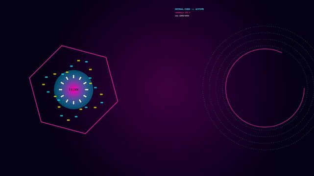Intricate LLM Thinking Process displayed as vibrant animated data streams orbiting a central core within a glowing hexagonal interface. Illustrates continuous progress and advanced AI.