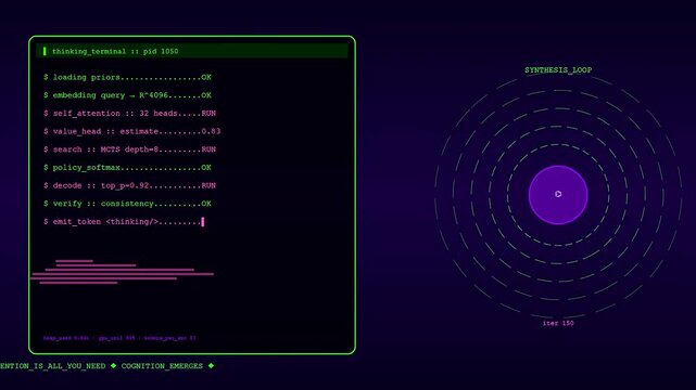 An abstract LLM thinking process displayed on a glowing digital interface, showcasing self-attention algorithms and cognitive data synthesis within artificial intelligence operations.