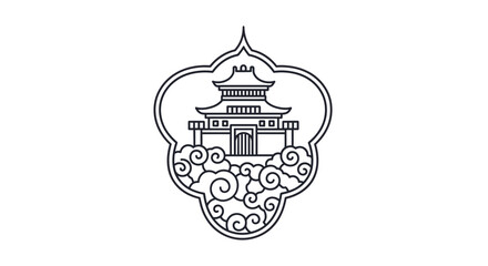Naklejka premium Traditional Chinese Temple Pagoda Architecture with Clouds Emblem