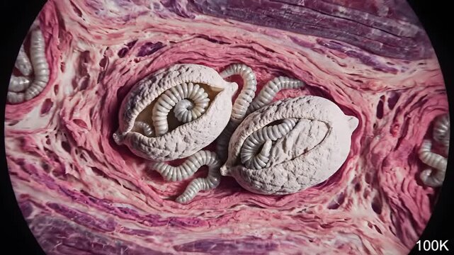 Microscopic View of Parasitic Worms Encased in Muscle Tissue.