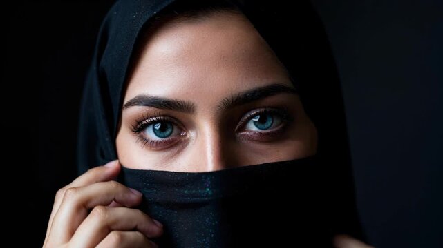 Mysterious Gaze: A captivating portrait of a woman, her expressive eyes piercing through the shadows, veiled in an elegant hijab, a symbol of faith and identity.