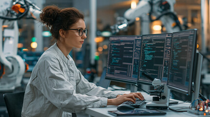Female Engineer Working on Robotics and Automation at High-Tech Workstation: Scientific Research in AI and Machine Learning Development