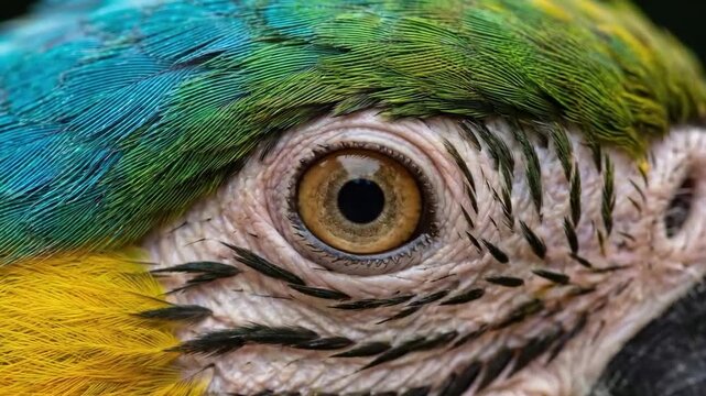 Close-up of a colorful macaw parrot eye with vivid feathers and intricate details