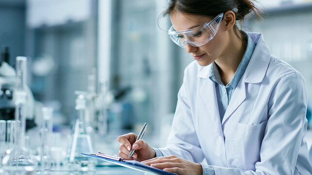 Female Scientist Conducting Biotechnology Research in Laboratory with Glassware and Safety Goggles