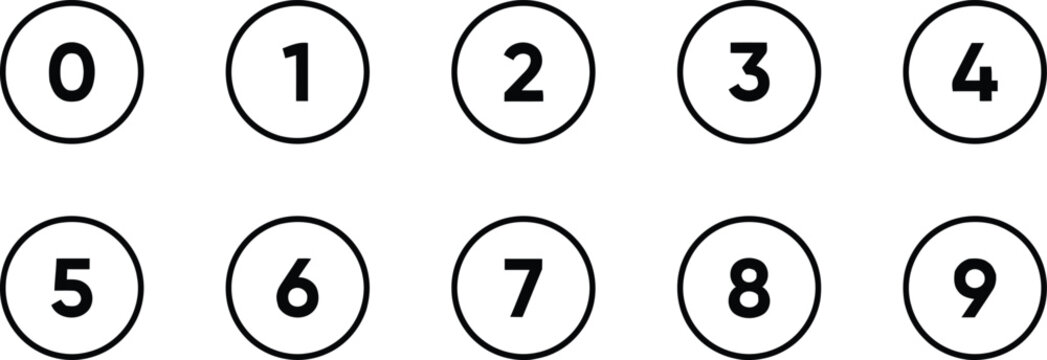 Numbers zero through nine in black circles on white background