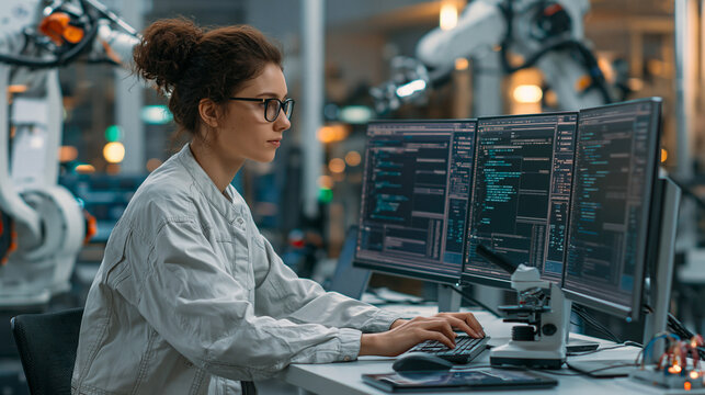 Female Engineer Working on Robotics and Automation at High-Tech Workstation: Scientific Research in AI and Machine Learning Development