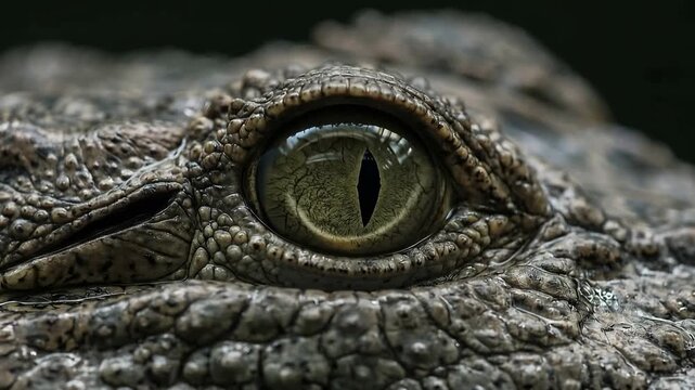 Crocodile eye close-up detail with a focused expression on a dark background