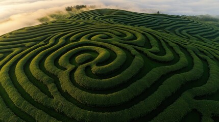 Naklejka premium Futuristic Tea Plantation Landscape with Organic Swirls