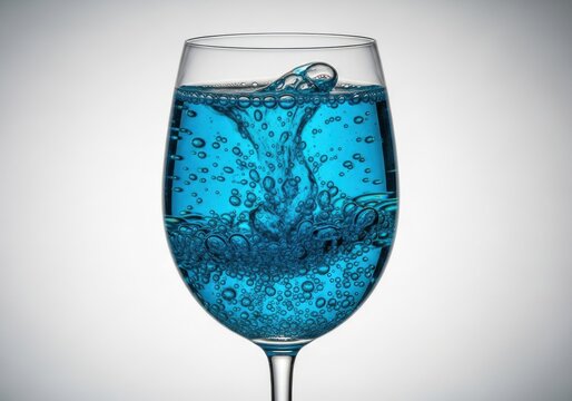 Vibrant Blue Liquid Splashing with Bubbles in a Crystal Clear Wine Gla