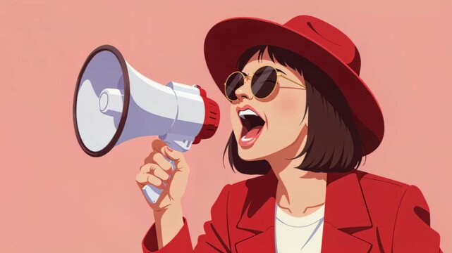 Voice of Advocacy: A stylish woman, her voice amplified by a megaphone, passionately proclaims a message, standing as a symbol of empowered communication.