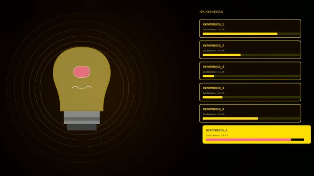 Visualizing the LLM Thinking Process, artificial intelligence assesses diverse hypotheses and confidence data, dynamically highlighting the most probable outcomes on a clean digital screen.