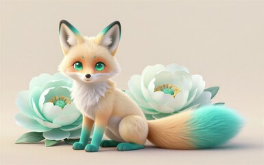 Fototapeta premium Adorable fox with turquoise accents sits beside large soft flowers.