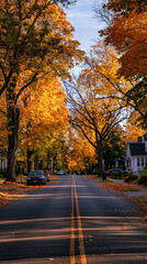 Fototapeta premium Scenic Autumn Colors on a Quiet Residential Street: Vibrant Seasonal Foliage and Landscaped Roadway