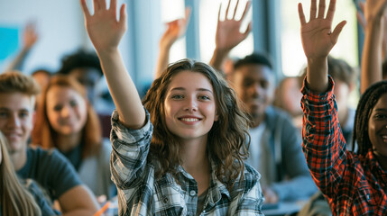 Fototapeta premium Engaged Students in Modern Classroom: Enthusiastic Participation and Interactive Learning