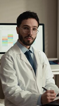 Vertical medium shot of professional Middle Eastern male doctor wearing glasses taking notes on clipboard beside desktop computer and looking at camera confidently