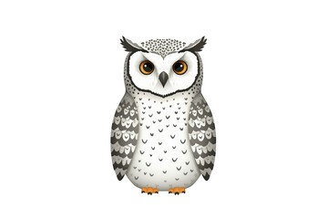 Obraz premium White snowy owl illustration, cute cartoon bird with orange eyes, animal character, wisdom symbol, transparent background