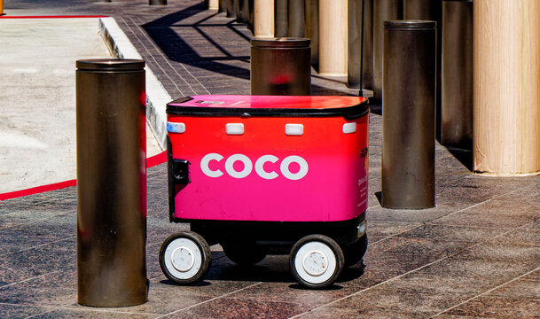 Autonomous Coco Delivery Robot on Sidewalk in Downtown Los Angeles