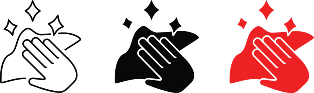 Clapping hands icon set outline solid black and red versions