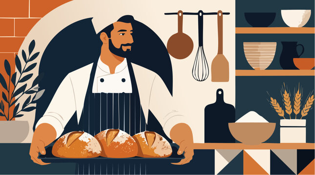 A Bold Geometric 2D Flat Lay Graphic of a Professional Baker Offering Freshly Baked Crusty Bread Loaves in a Cozy Artisanal Kitchen Setting for Culinary Branding and Food Concept Illustration Needs.
