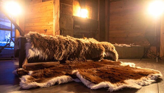 Brown bear fur rug on floor.