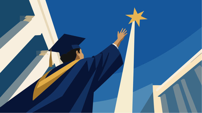 Low angle vector perspective looking up at a graduate reaching for a bright golden star. An inspiring illustration for academic success, future ambition, career goals, and higher education concepts.