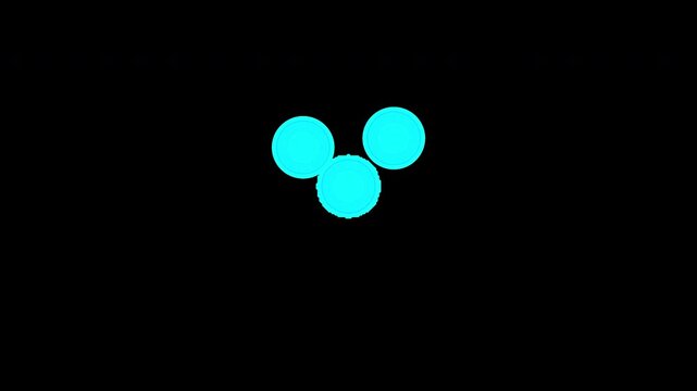 A minimalist 2D motion graphics animation showcases three glowing cyan dots, fluidly bouncing in a continuous loop, isolated on a transparent background as a modern progress indicator.