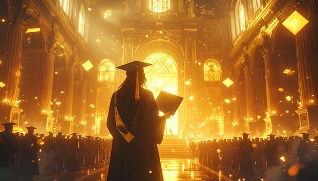 wearing a full toga and yellow academic collar (hood), while other graduation caps seemed to be floating in the air. This aesthetic atmosphere is enhanced by the bokeh effect of light, sparks of firey